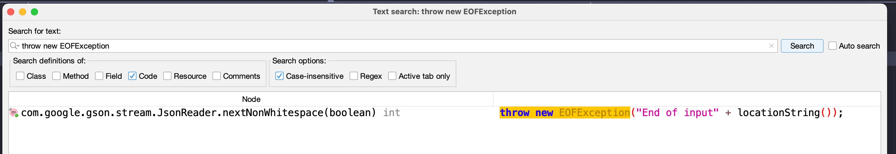 screenshot of EOFException usage