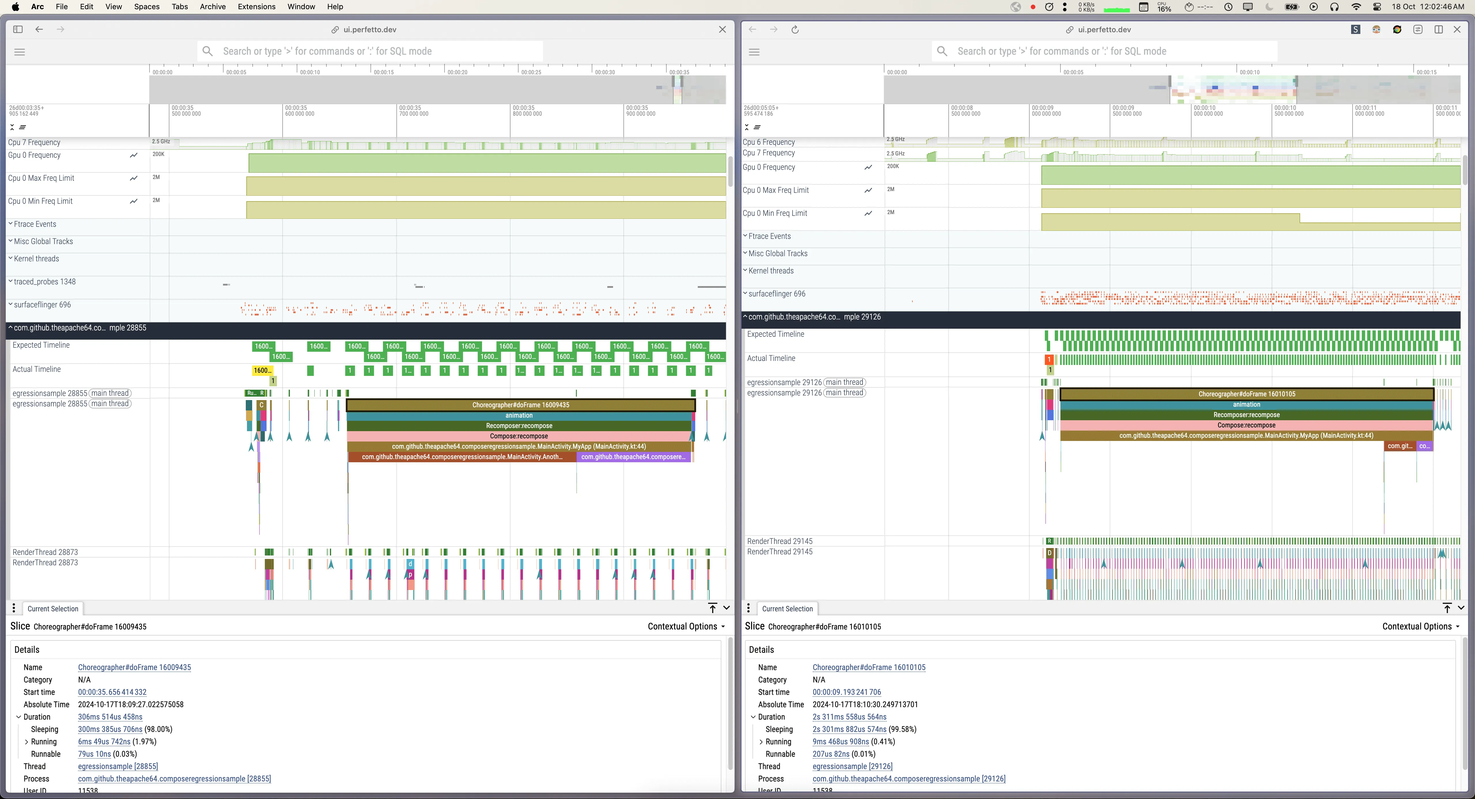 screenshot showing two perfetto windows side by side